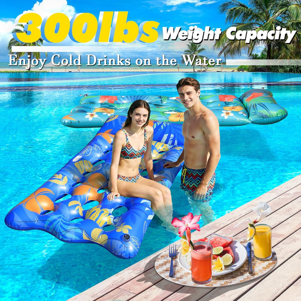 Pool Floats Lounger, 2 PCS 72''x35'' Ultra-Comfort Pool Rafts for Adults with Cooling Headrest and Cup Holders, Pool