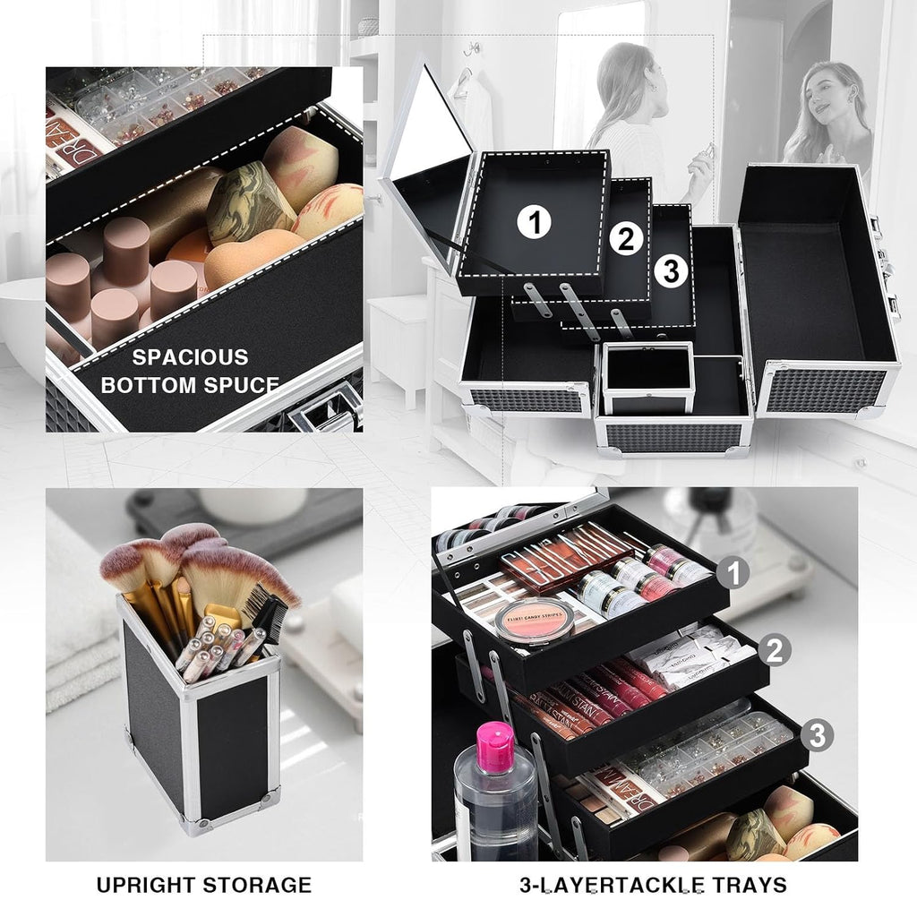 3-Tray Makeup Case with Mirror & Brush Holder, 11.6" Shine Black | Travel-ready makeup train case with lots of