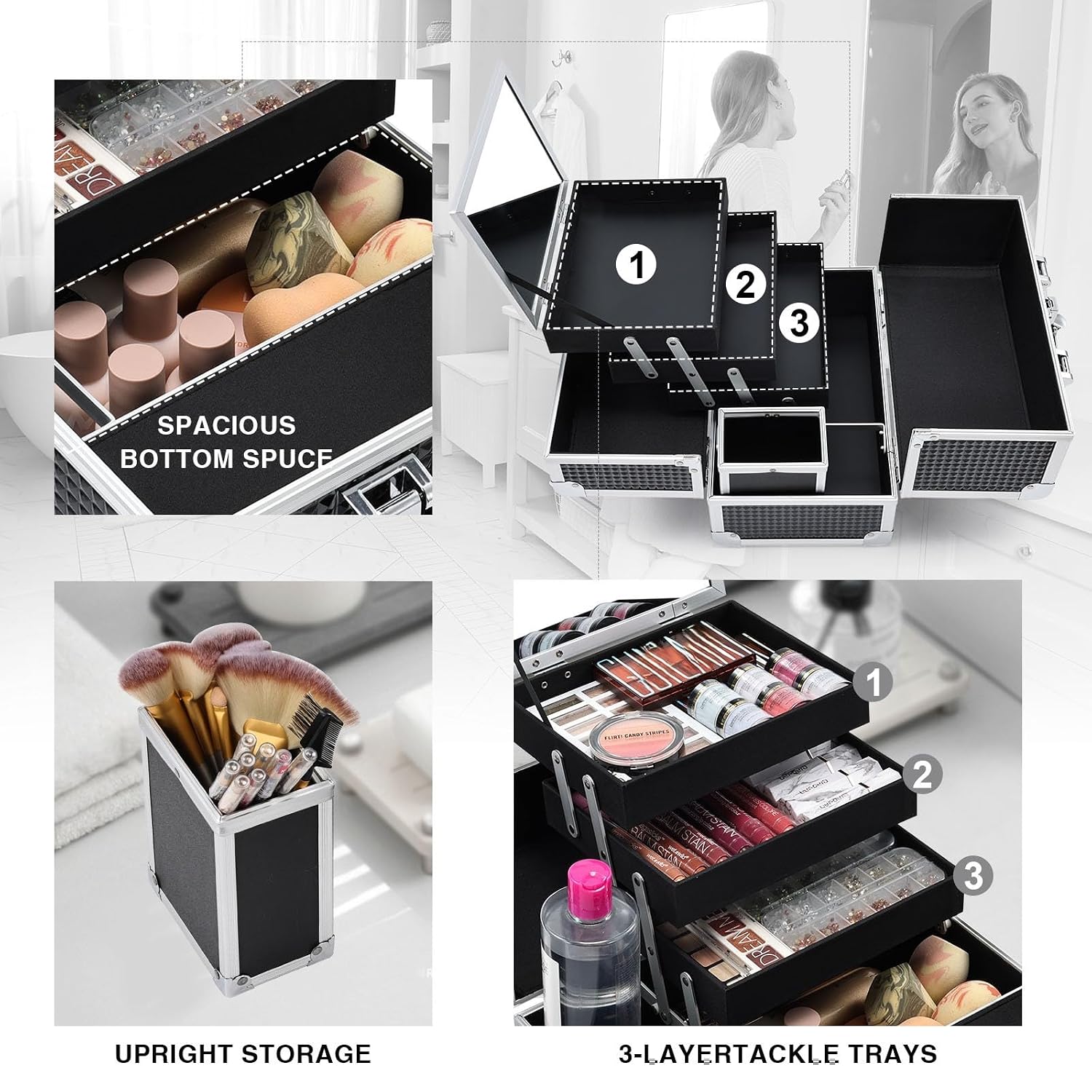 3-Tray Makeup Case with Mirror & Brush Holder, 11.6" Shine Black | Travel-ready makeup train case with lots of
