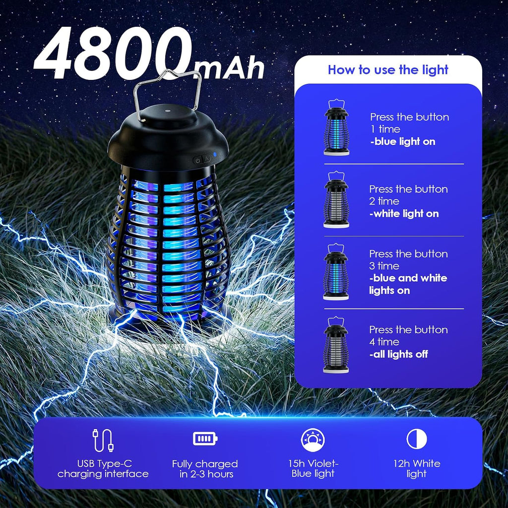 Bug Zapper Outdoor & Indoor,Cordless Portable Mosquito Zapper with Rechargeable 4800mAh Battery & Auto