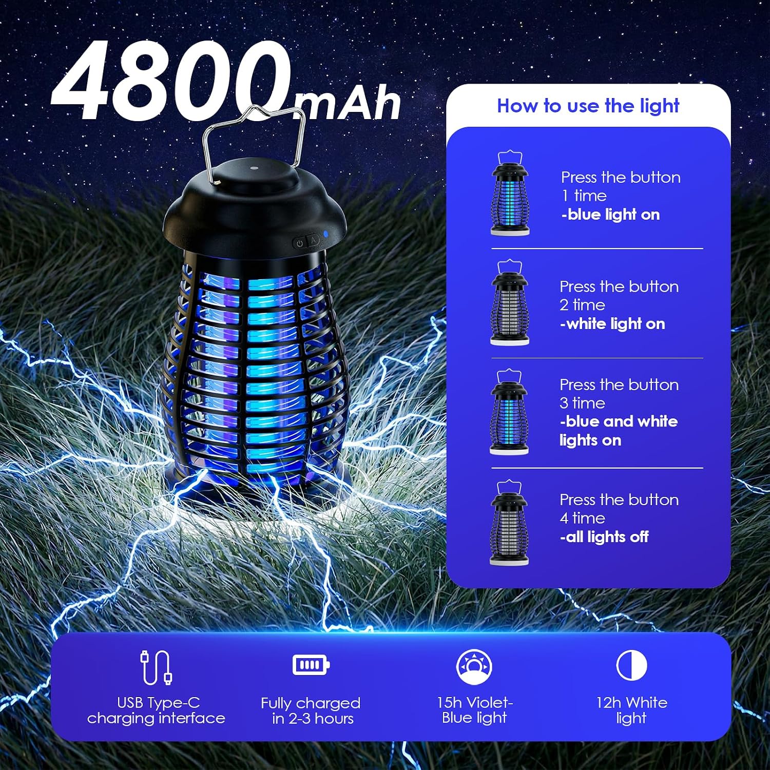 Bug Zapper Outdoor & Indoor,Cordless Portable Mosquito Zapper with Rechargeable 4800mAh Battery & Auto