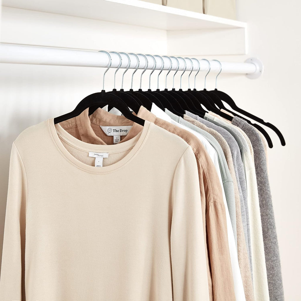 Space-Saving Slim Velvet Non-Slip Clothes Hangers for Closet Organization, Sturdy with Shoulder Notches, Black, 50-Pack