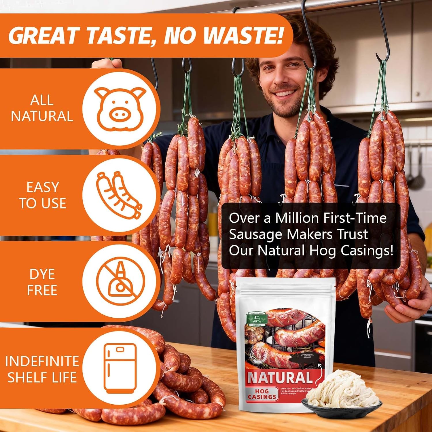 Natural Hog Sausage Casing, Edible Casings for Sausage Making, Pre-Tubed, Great for Snack Sticks, Italian Sausage