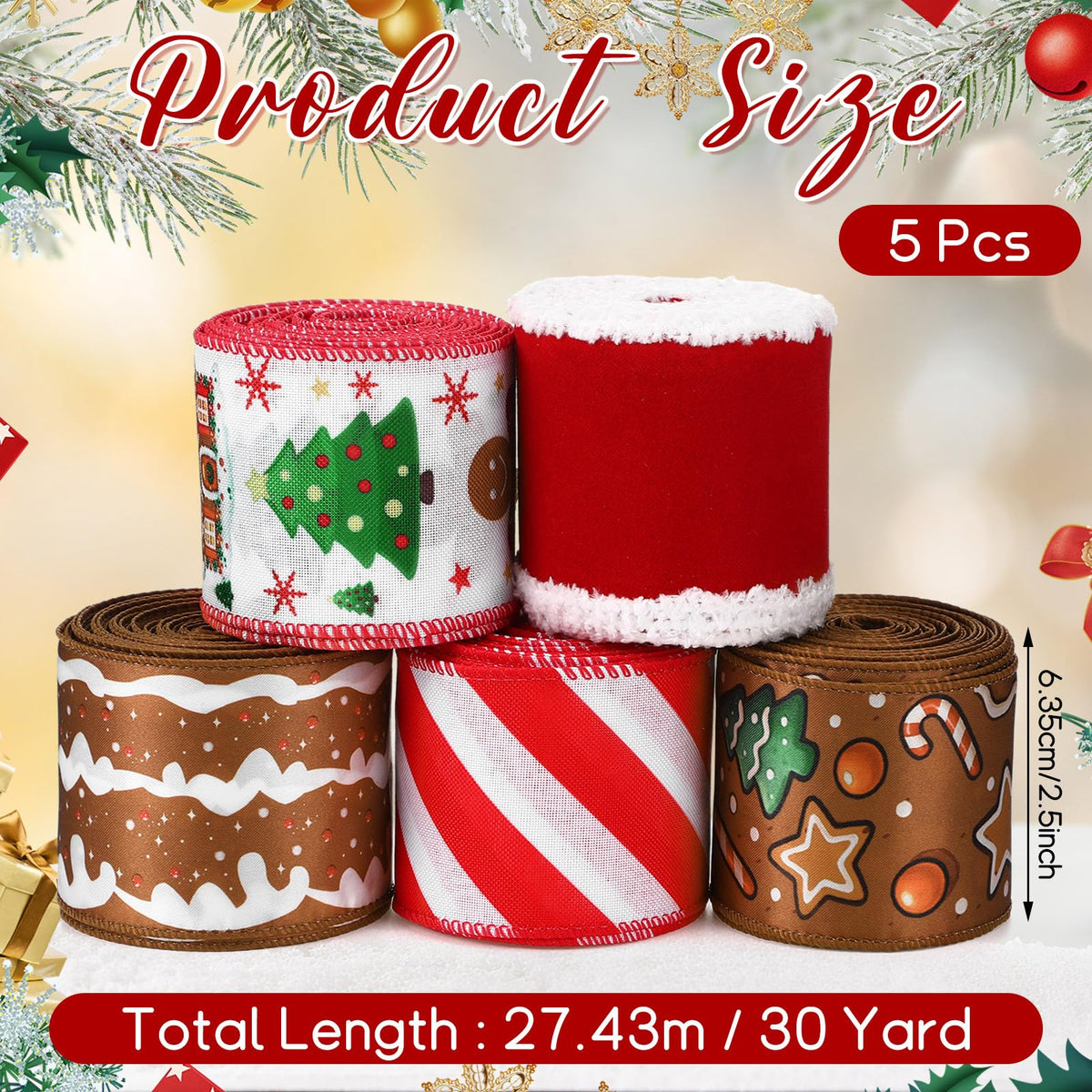 5 Christmas Wired Ribbon 2.5" 30Yard Gingerbread for Xmas Tree DIY