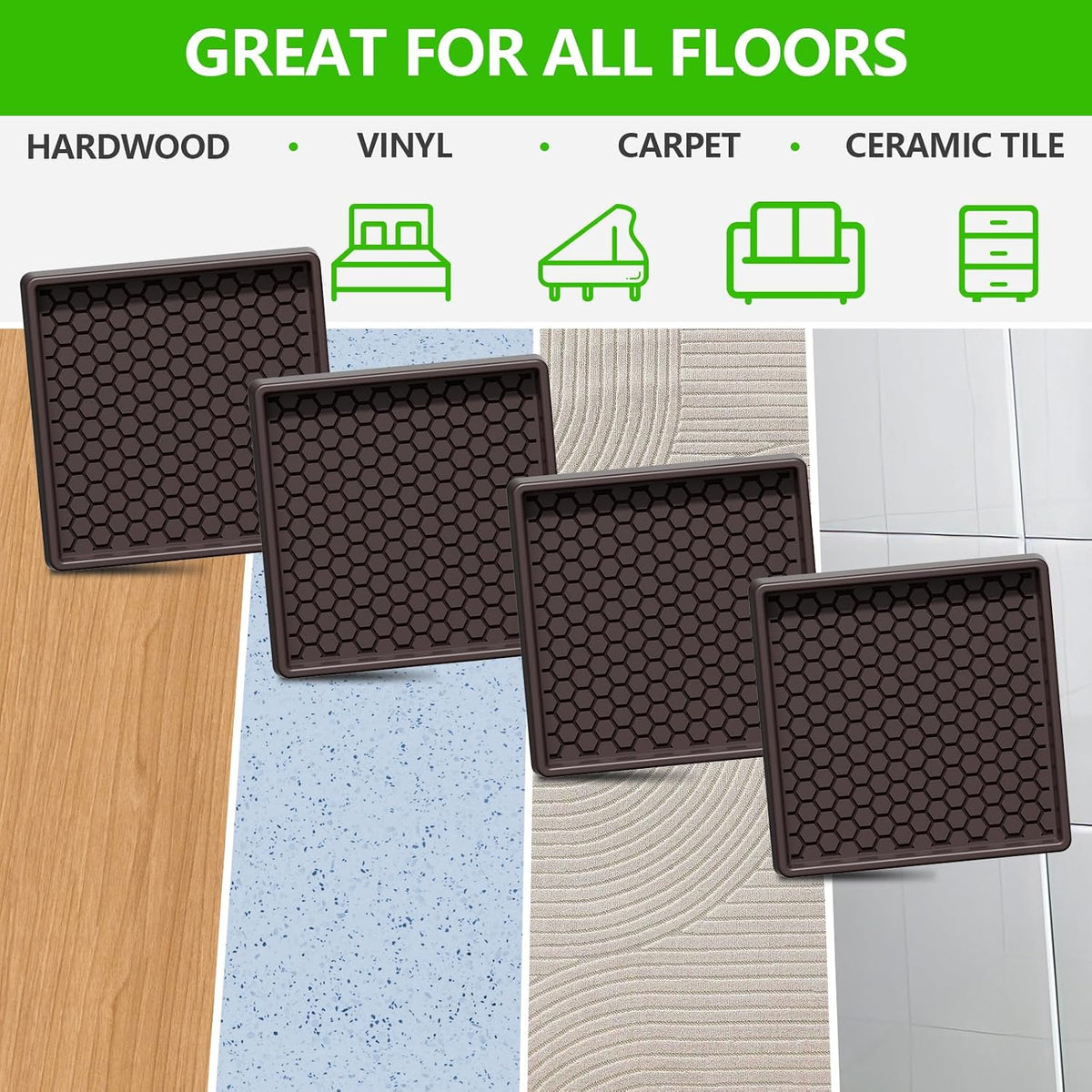 Non Slip Furniture Pads- 3"x3" Square Anti Skid Caster Cups Furniture Coasters, Anti-Sliding Grippers Floor