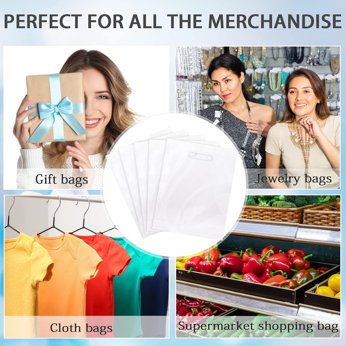 200 Pack 9" x 12" Clear Plastic Gift Bags with Die Cut Handle