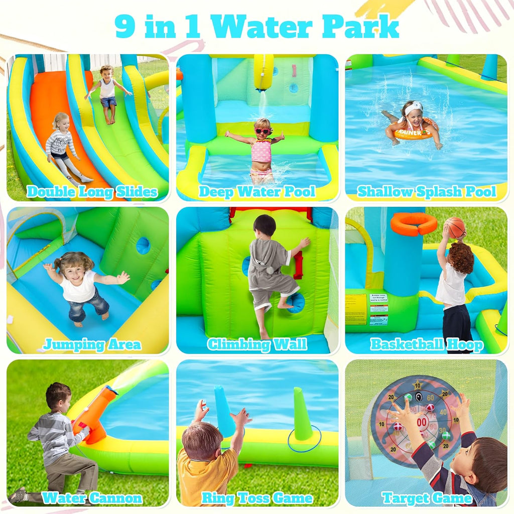 Inflatable Water Double Slides with Blower, Jumping Castle with Deep Pool, Bounce House for 5 Kids Aged 3-10, Water