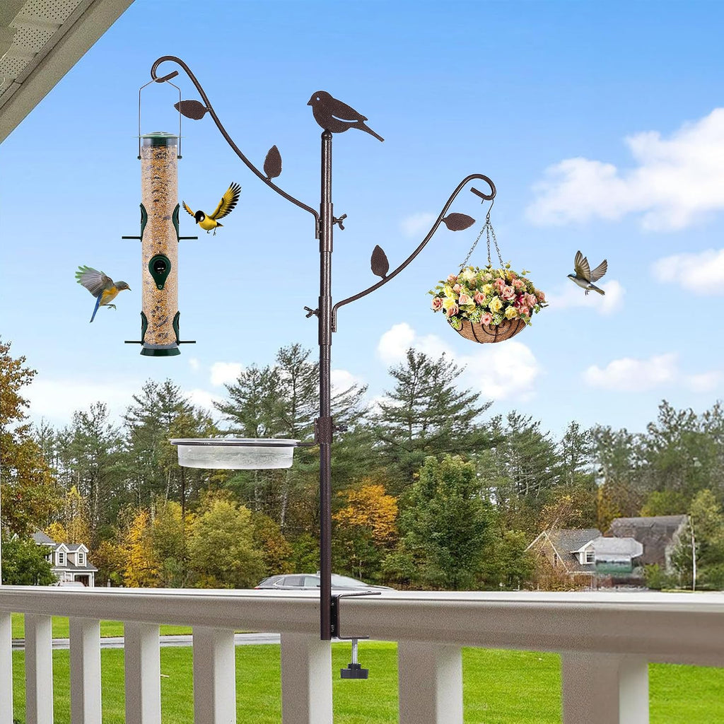 Deck Bird Feeder Pole with Bird Bath, Two Adjustable Branches