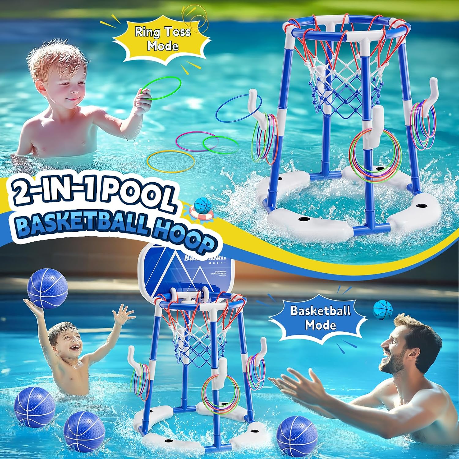 Pool Basketball Hoop for Kids Ages 4-8 & 8-12, 2-in-1 Floating Game Set with Backboard, Water-Fillable Base, 4 Balls