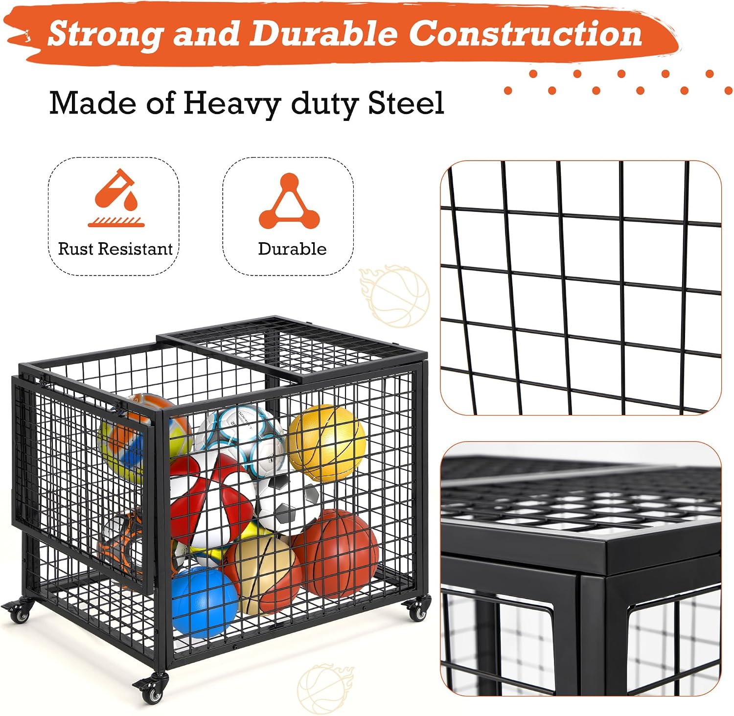 Ball Cart, Basketball Storage with Wheels | Large Storage Capacity, Reinforced Steel Frame, Upgraded Lockable Wheels