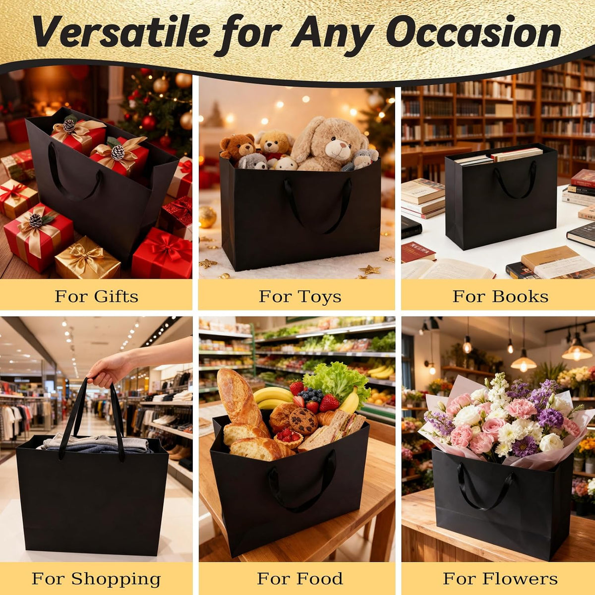12 Pack Extra Large Black Gift Bags with Handles & 24 Tissue Papers