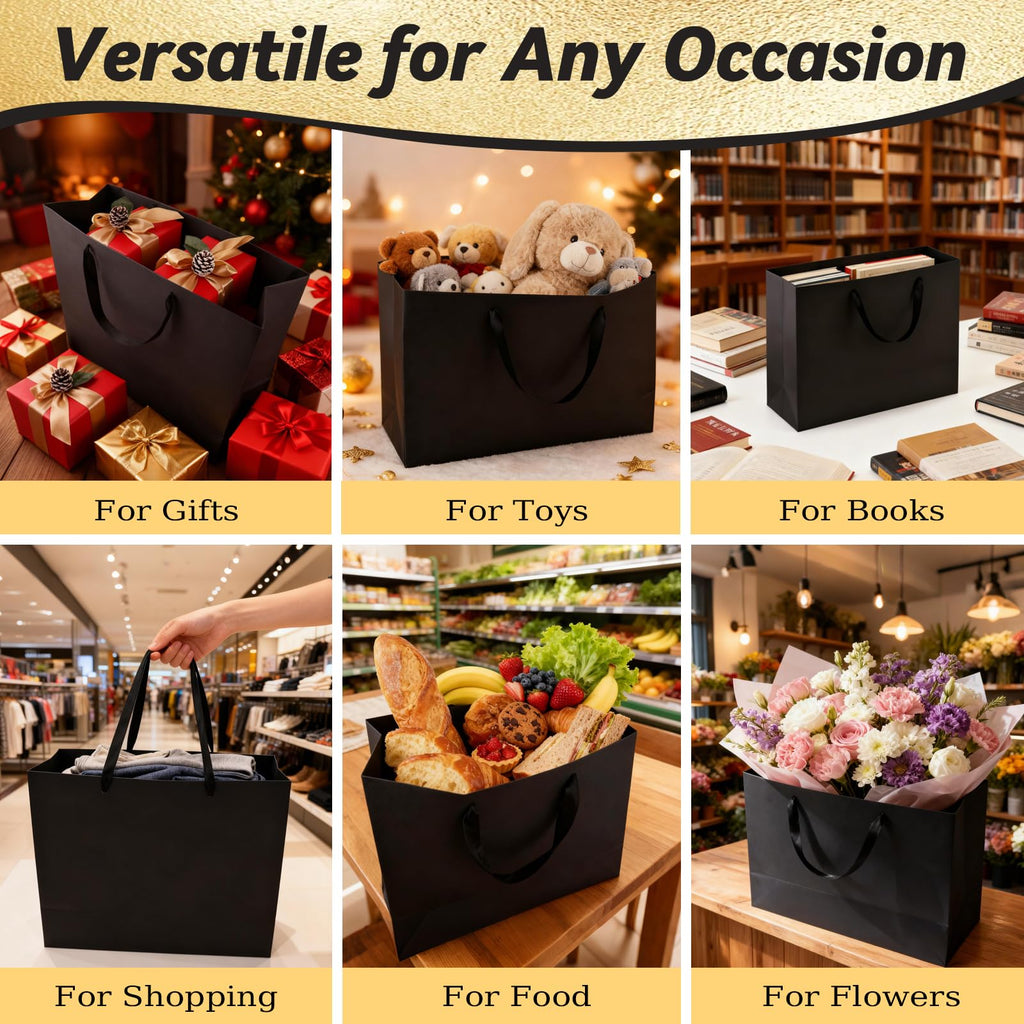 12 Pack Large Black Gift Bags with Handles & 24 Tissue Papers
