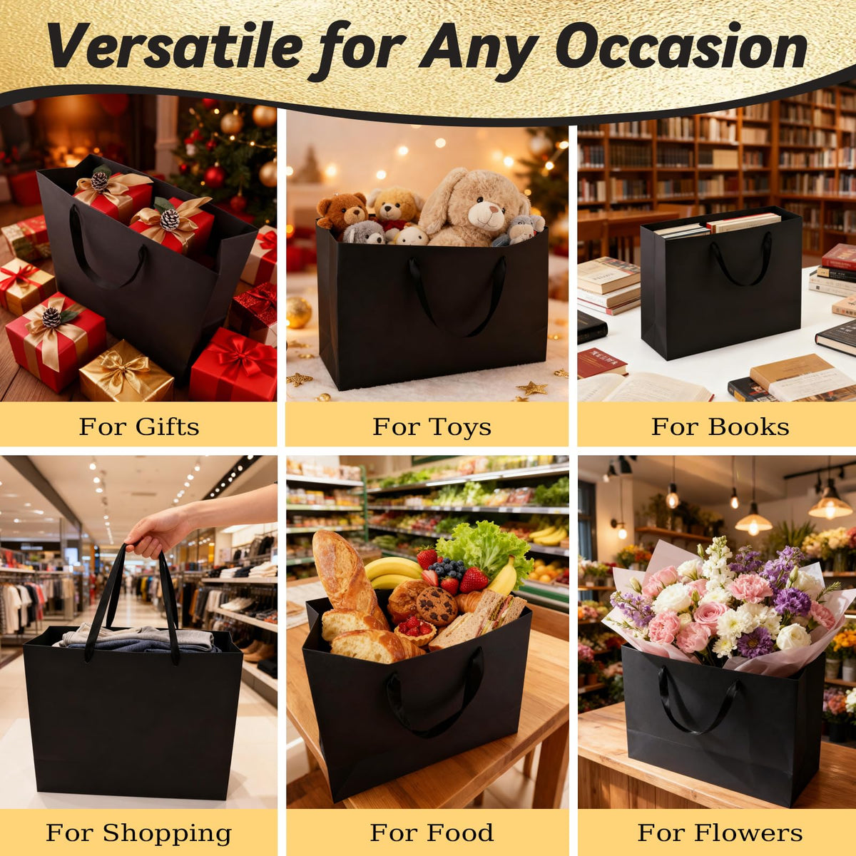 12 Pack Large Black Gift Bags with Handles & 24 Tissue Papers
