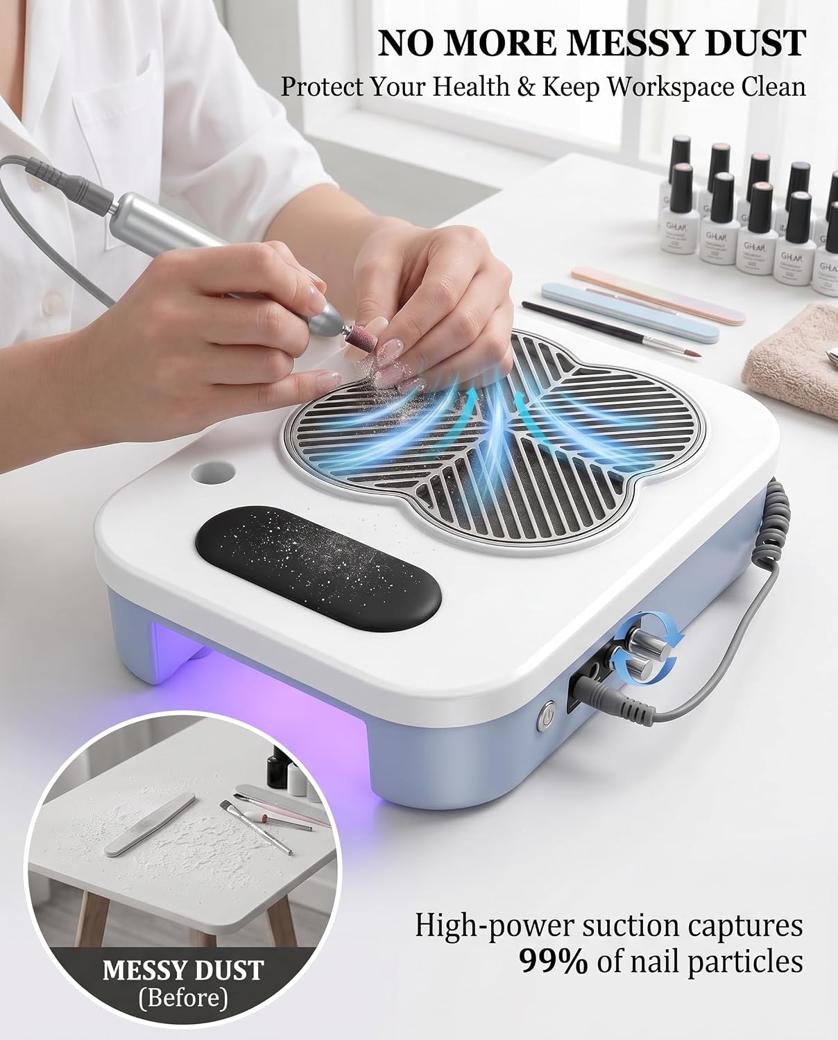 3-in-1 Nail Dust Collector & Electric Nail Drill File & UV LED Nail Lamp, Nail Kit Tech with Timer for Home Use Salon