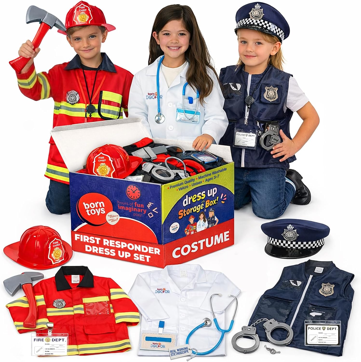 3-in-1 Kids Dress Up Clothes, Police, Firefighter, Doctor, 3+ | Machine-washable pretend-play toddler costume set
