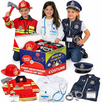 3-in-1 Kids Dress Up Clothes, Police, Firefighter, Doctor, 3+ | Machine-washable pretend-play toddler costume set
