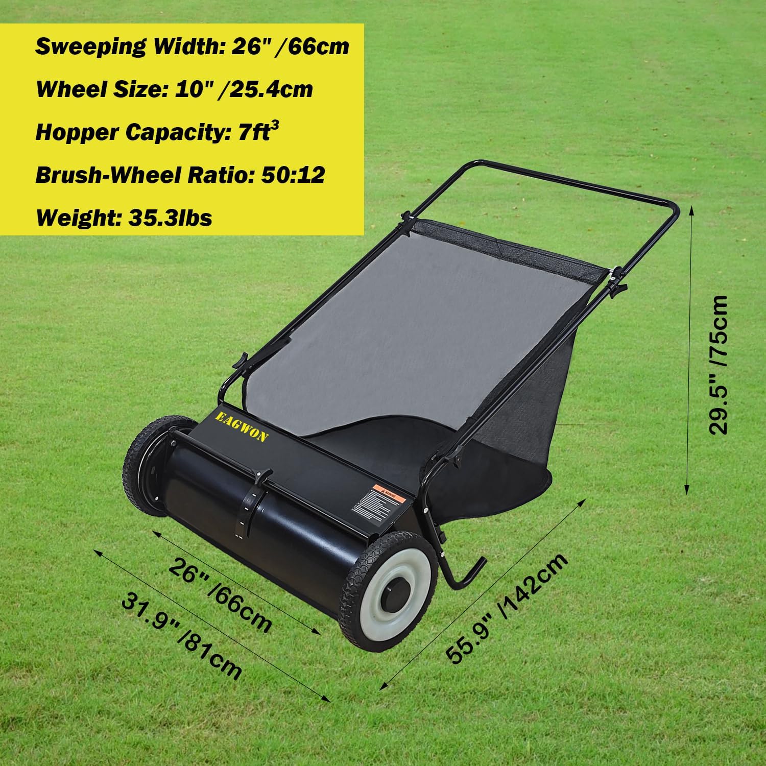 Push Lawn Sweeper, 26-Inch Width, 7 Cu. Ft. Hopper Capacity, 4 Spinning Brushes, Adjustable Height, Durable Steel