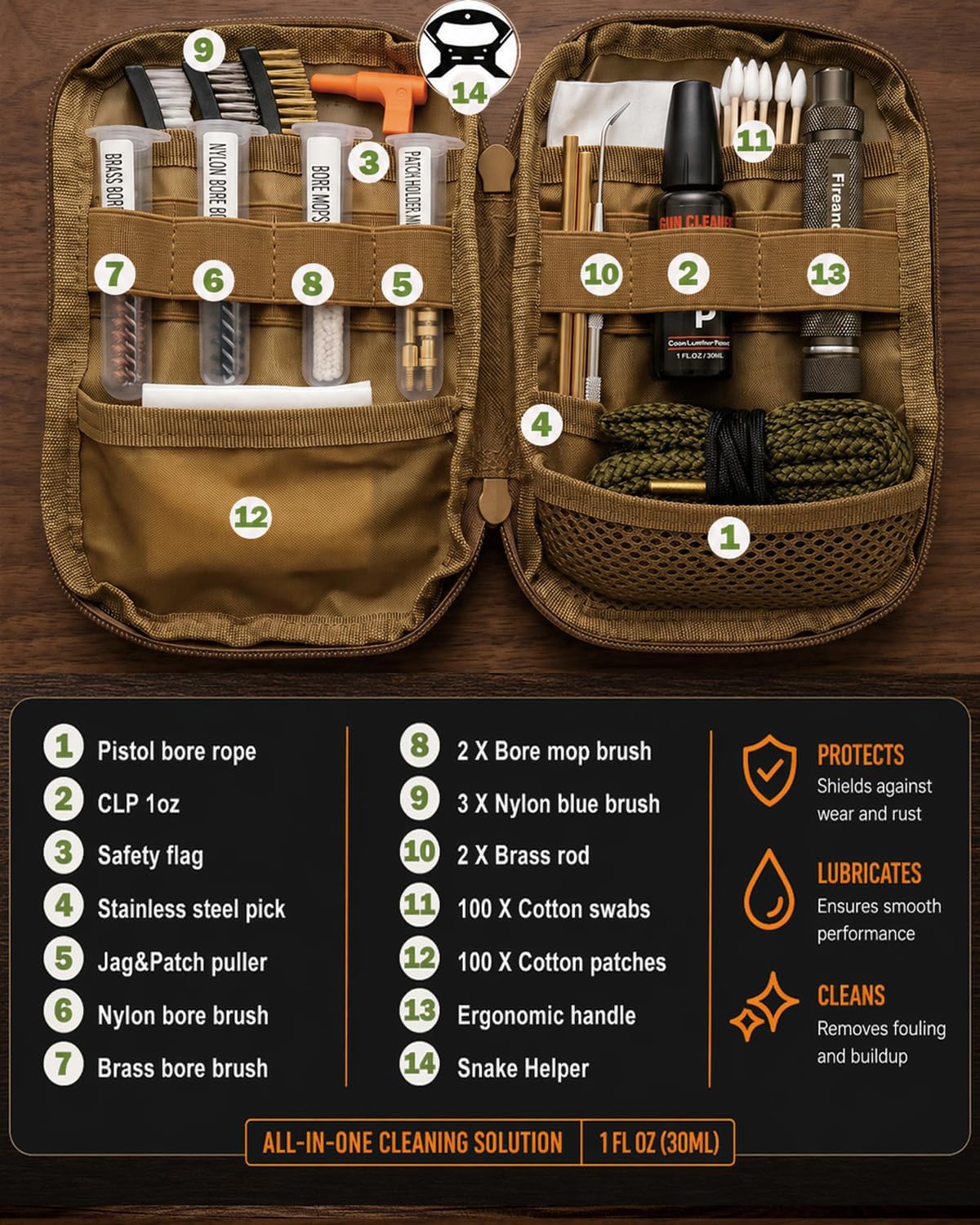 9mm Pistol Basics Single-Caliber Cleaning Kit, Handgun Cleaning kit for .357 .38 with 9mm Gun Snakes in Molle Pouch |