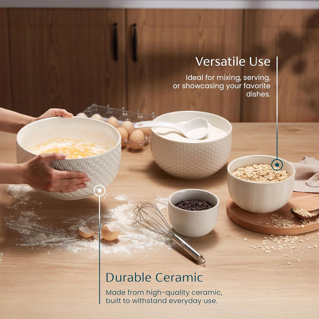 Ceramic Mixing Bowls, Nesting Set of 4, Embossed Kitchen Dishware, Prep, Serving, Gift, Microwave and Dishwasher