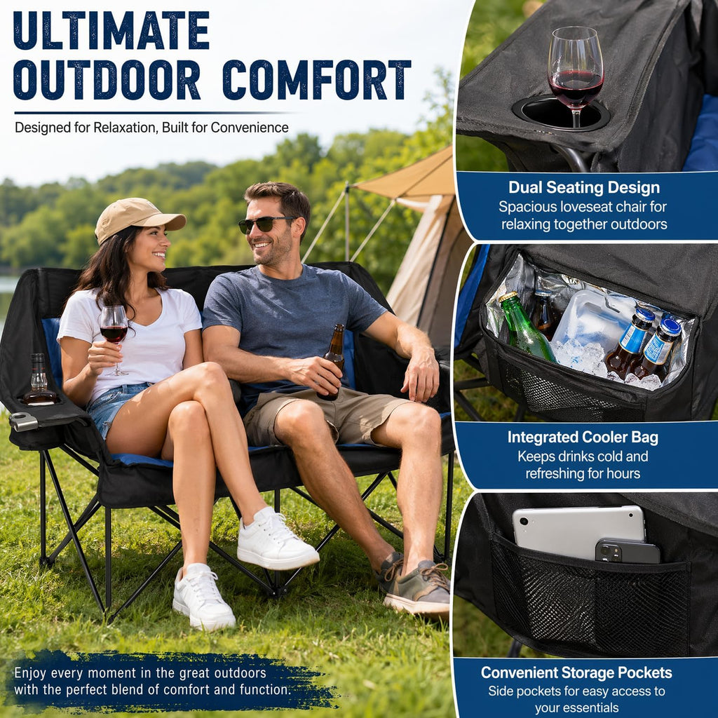 Double Camping Chairs for Adults Folding Loveseat, Heavy Duty Oversized 2 Person Camping Couch Outdoor Portable