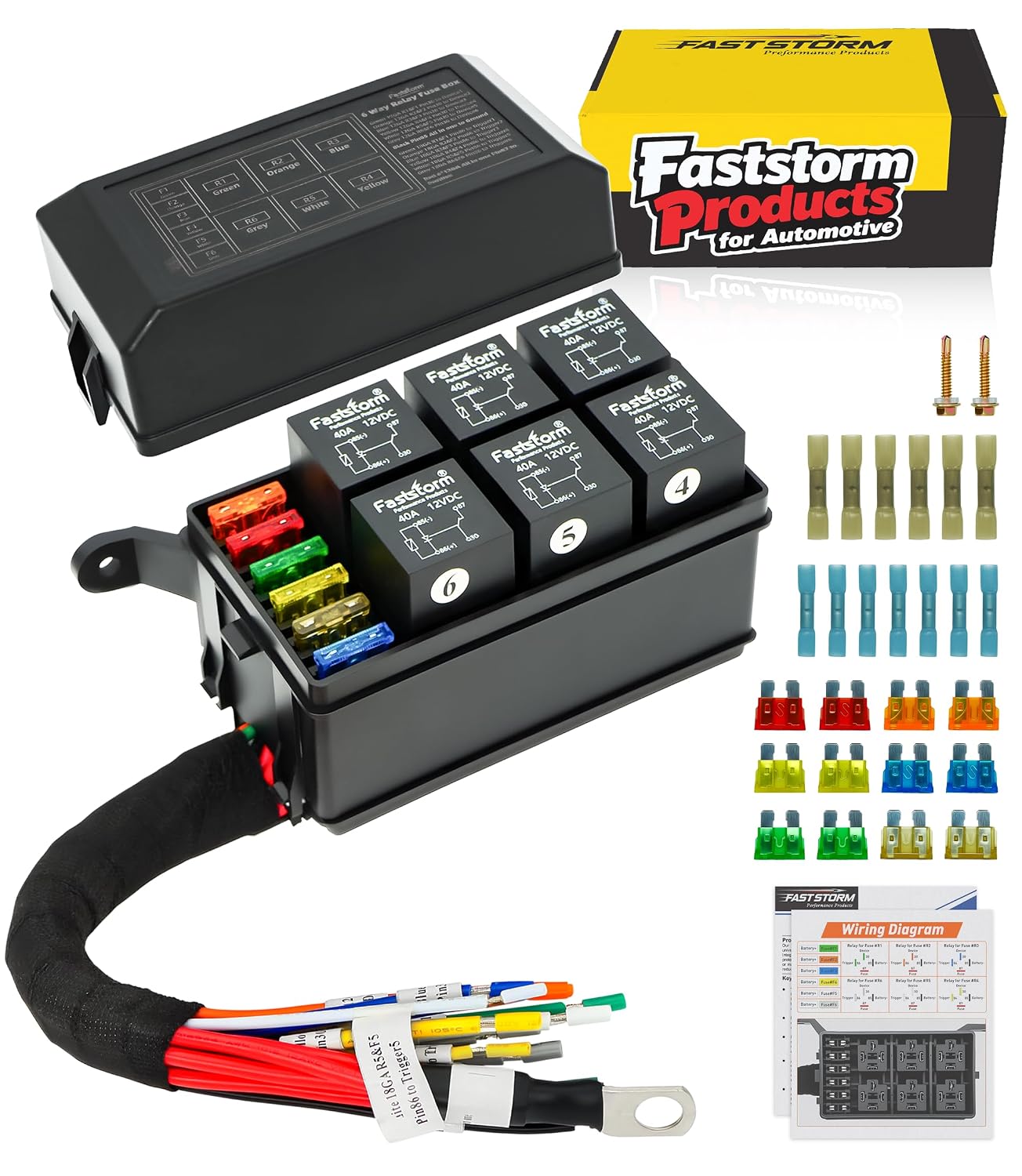 Fuse Relay Box, Relay Block Box Built-in Diodes 6 Way 12 AWG Pre-Wired Waterproof Relay Panel with Relays and