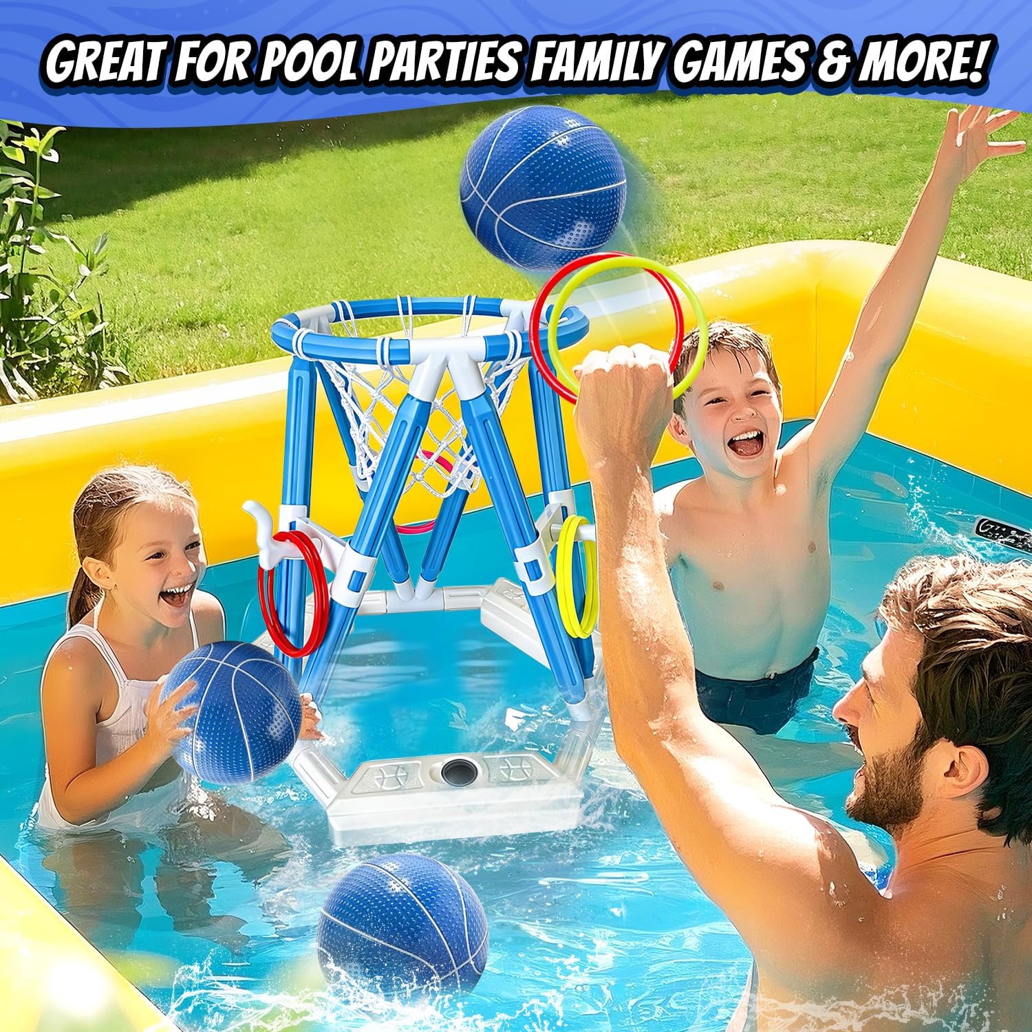 2-in-1 Pool Basketball Hoop & Ring Games, Summer Water Outdoor Party Pool Toys for Kids Ages 4-8, 8-12, Summer