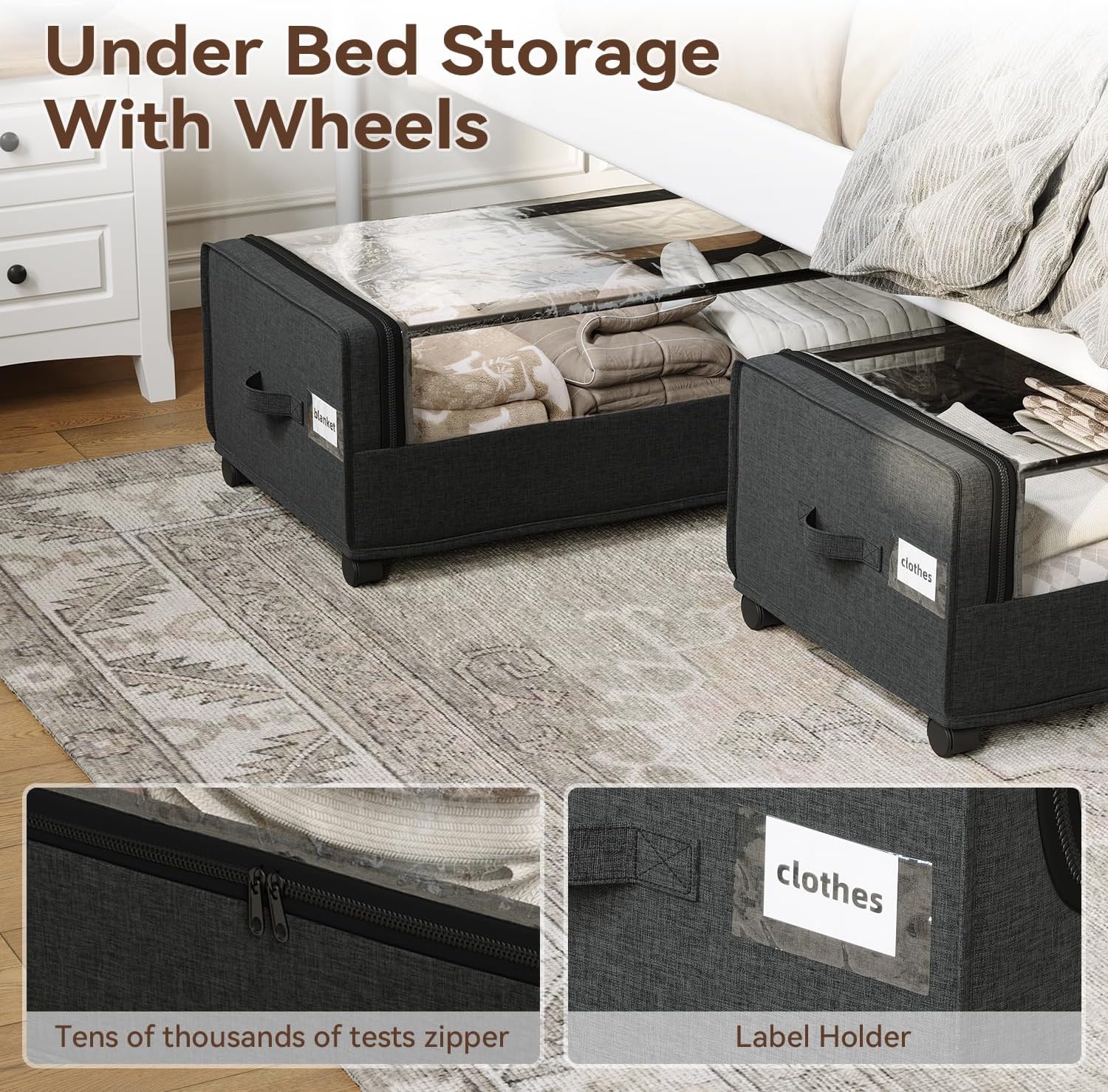 Under Bed Storage With Wheels, XXXXL Large Underbed Storage Organizer, 90L Capacity
