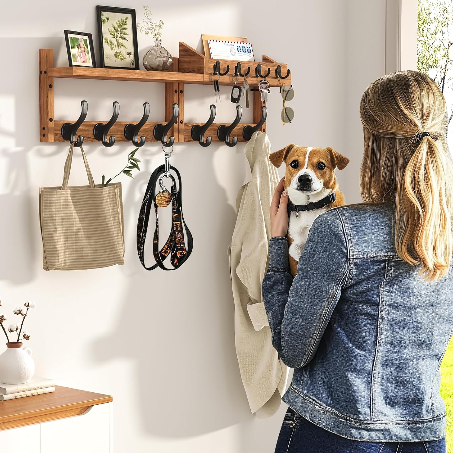 29" Coat Rack Wall Mount with Shelf, 4 in 1 Wall Mounted Coat and Key Hanger with 11 Hooks, Entryway Key Holder with