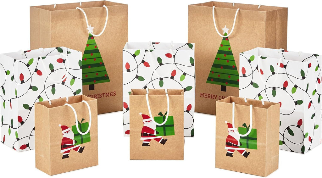 Christmas Gift Bags, Assorted 8-Pack (Kraft, Santa, Lights, Tree)