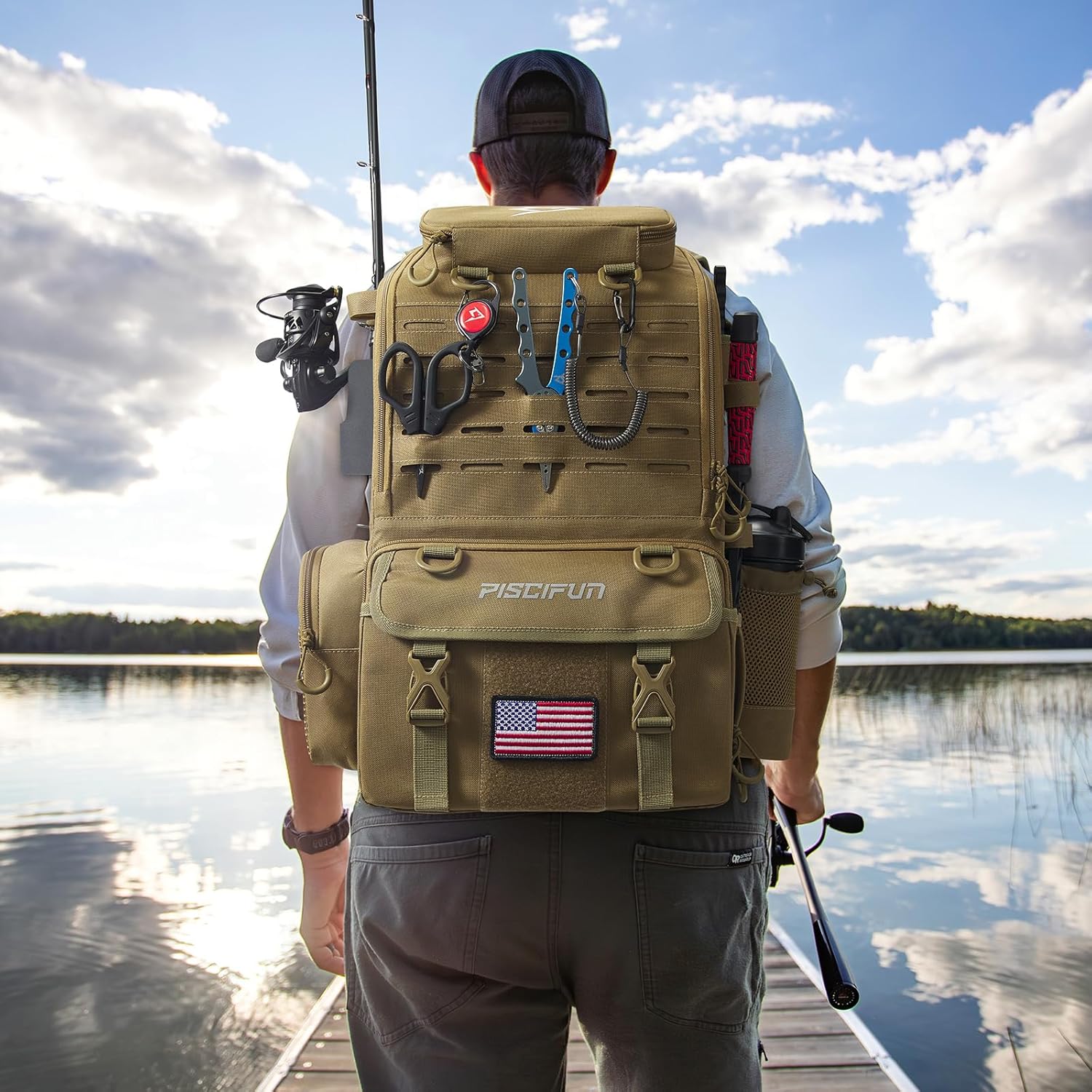 52L Fishing Tackle Backpack with Rod Holders & 4 Tackle Boxes, Large Tackle Bag for Gear Storage with Rain Cover