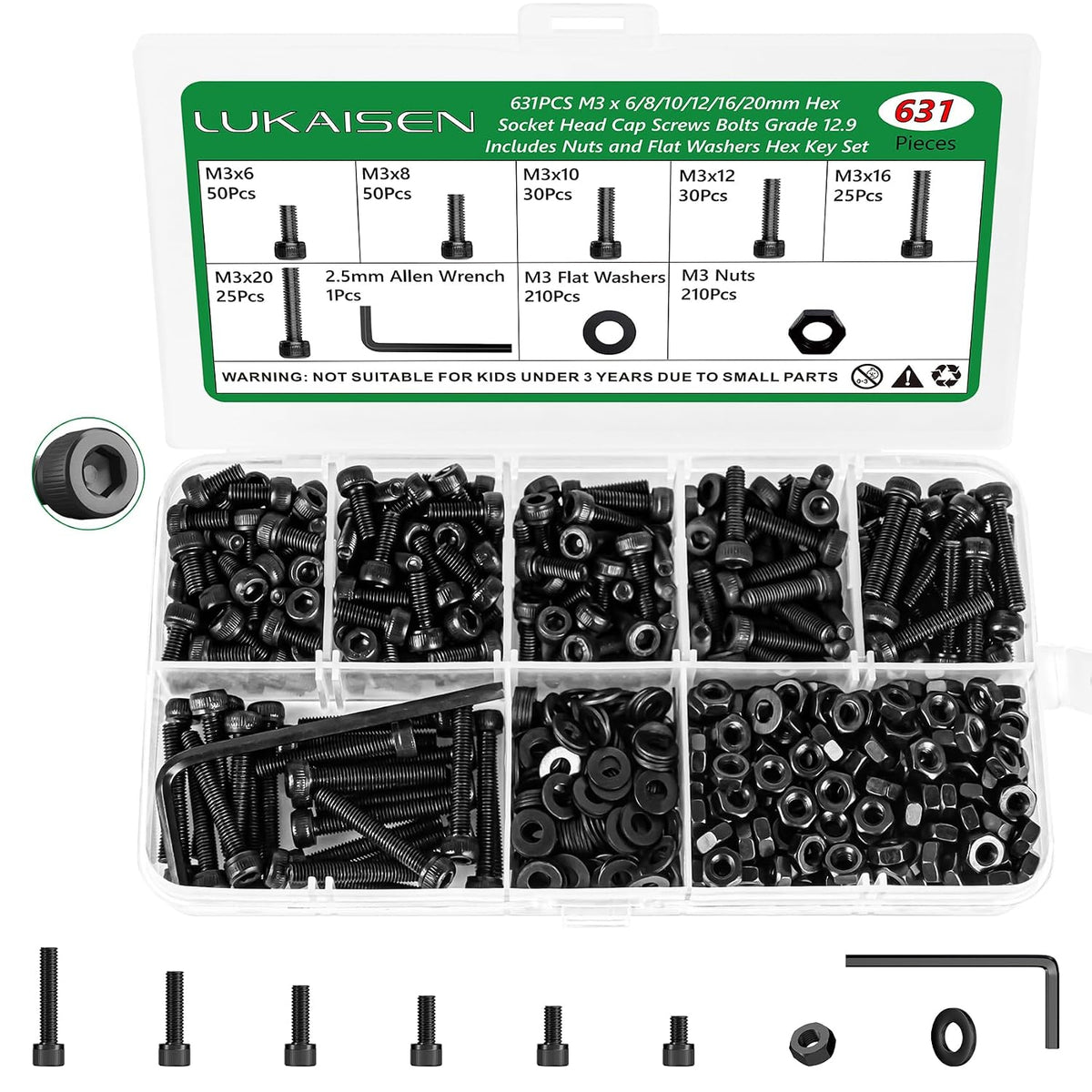 631PCS M3 Hex Socket Screw Assortment Kit, M3 x 6/8/10/12/16/20mm