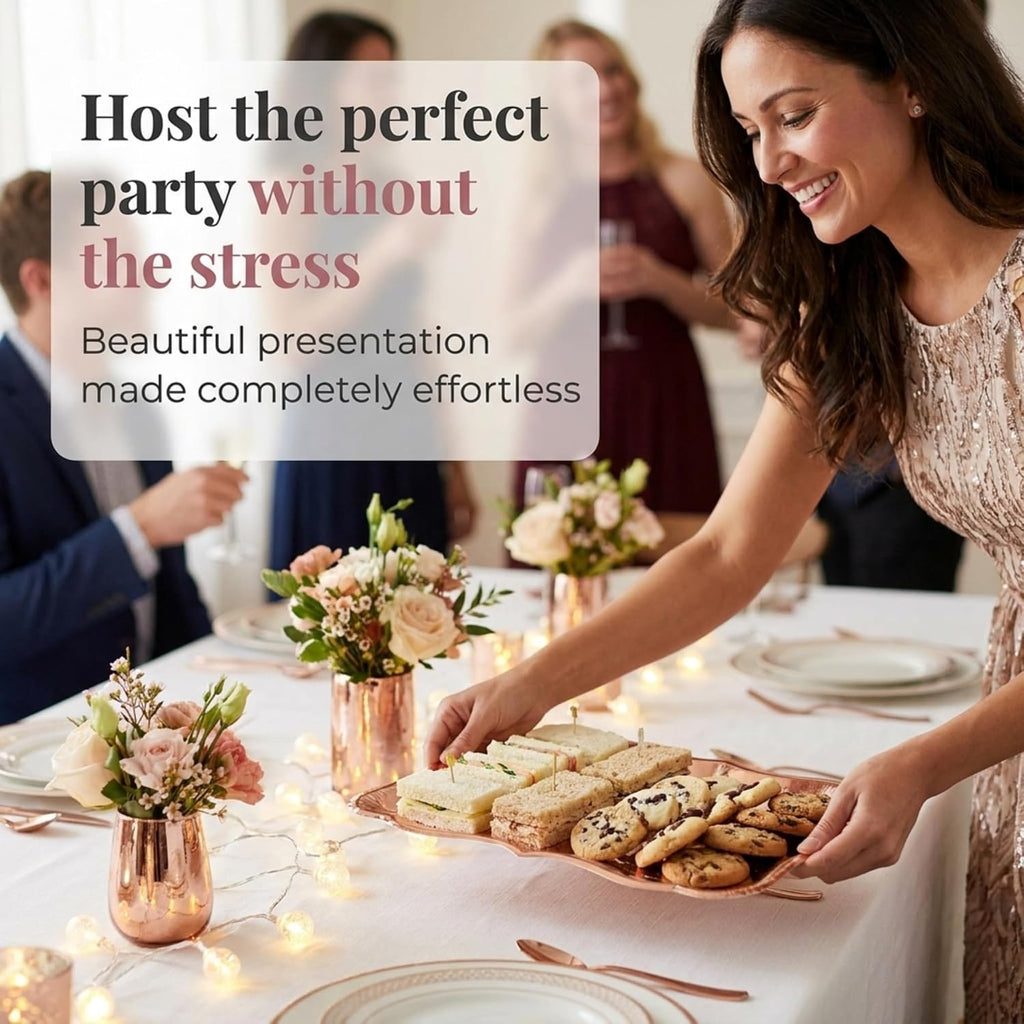 Rose Gold Serving Trays 10 Pack Heavy Duty Disposable Paper Platters