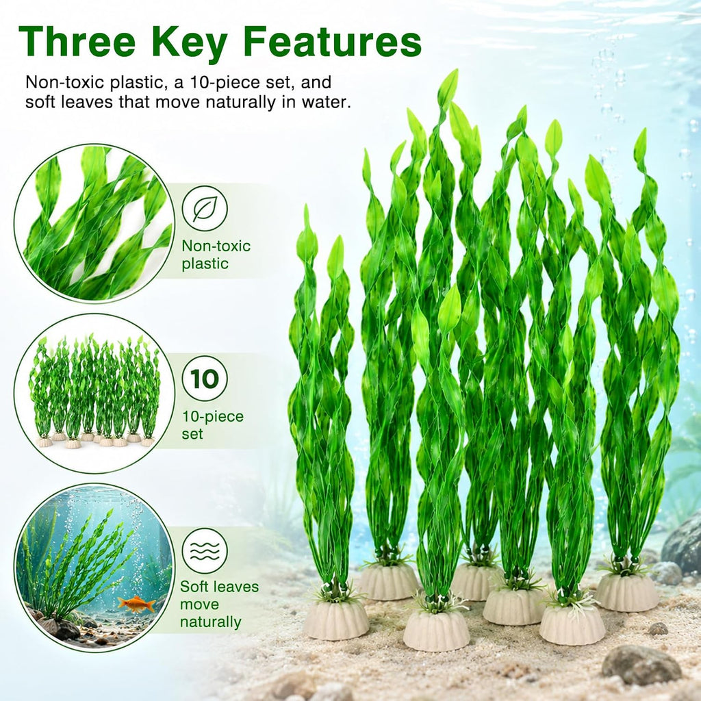 Artificial Seaweed Aquarium Plants, Plastic Fake Fish Tank Decorations, 10 Pack 11.8 Inch Green Water Ornaments