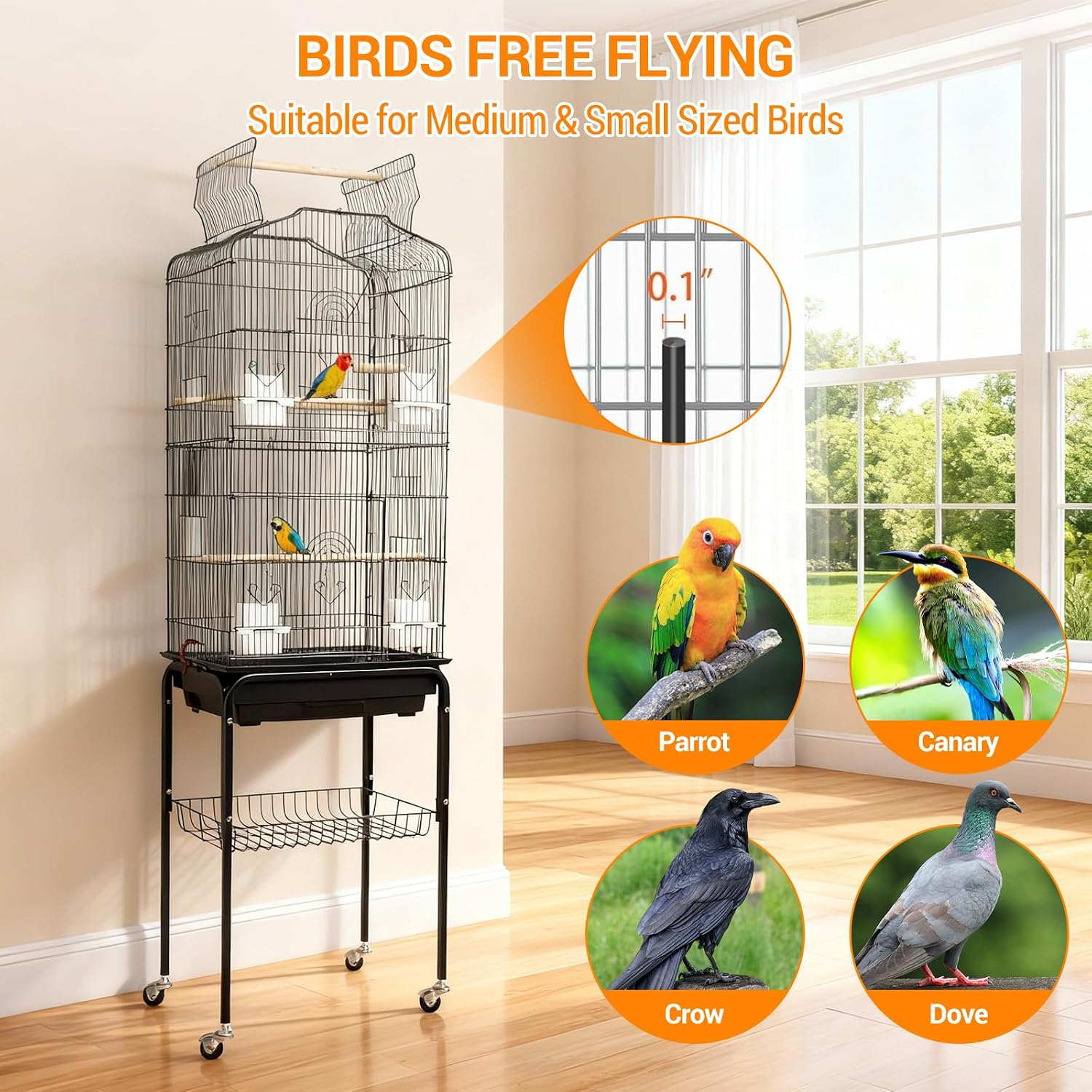 65.5 Inch Large Wrought Iron Bird Cage with Open Play Top, Heavy-Duty Detachable Rolling Stand & Storage, Flight Cage