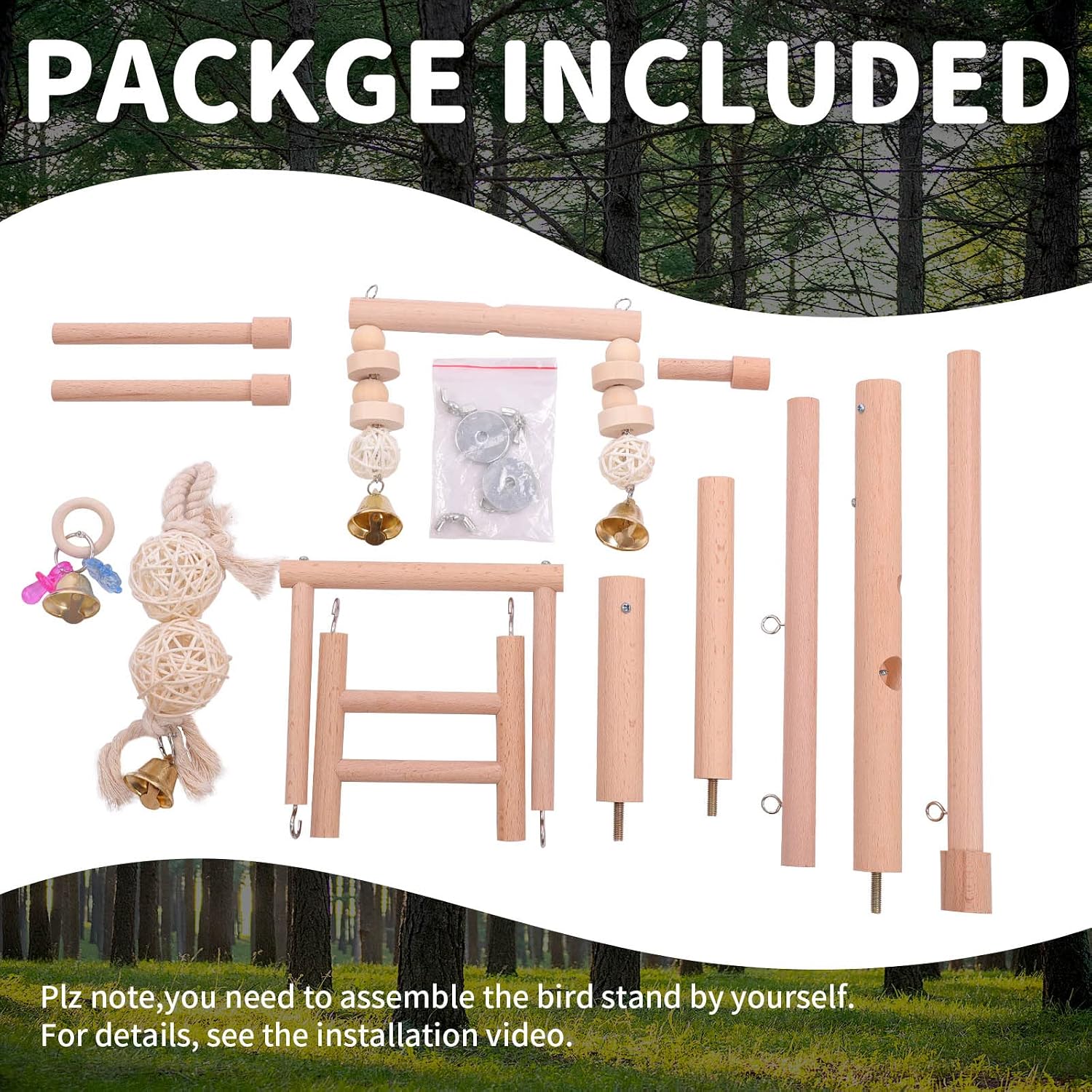 Bird Cage Play Stand Toy Set-Birdcage Wood Stands Hanging Chew Toys Ladder Swing Parrot Perch Play Gym Playground