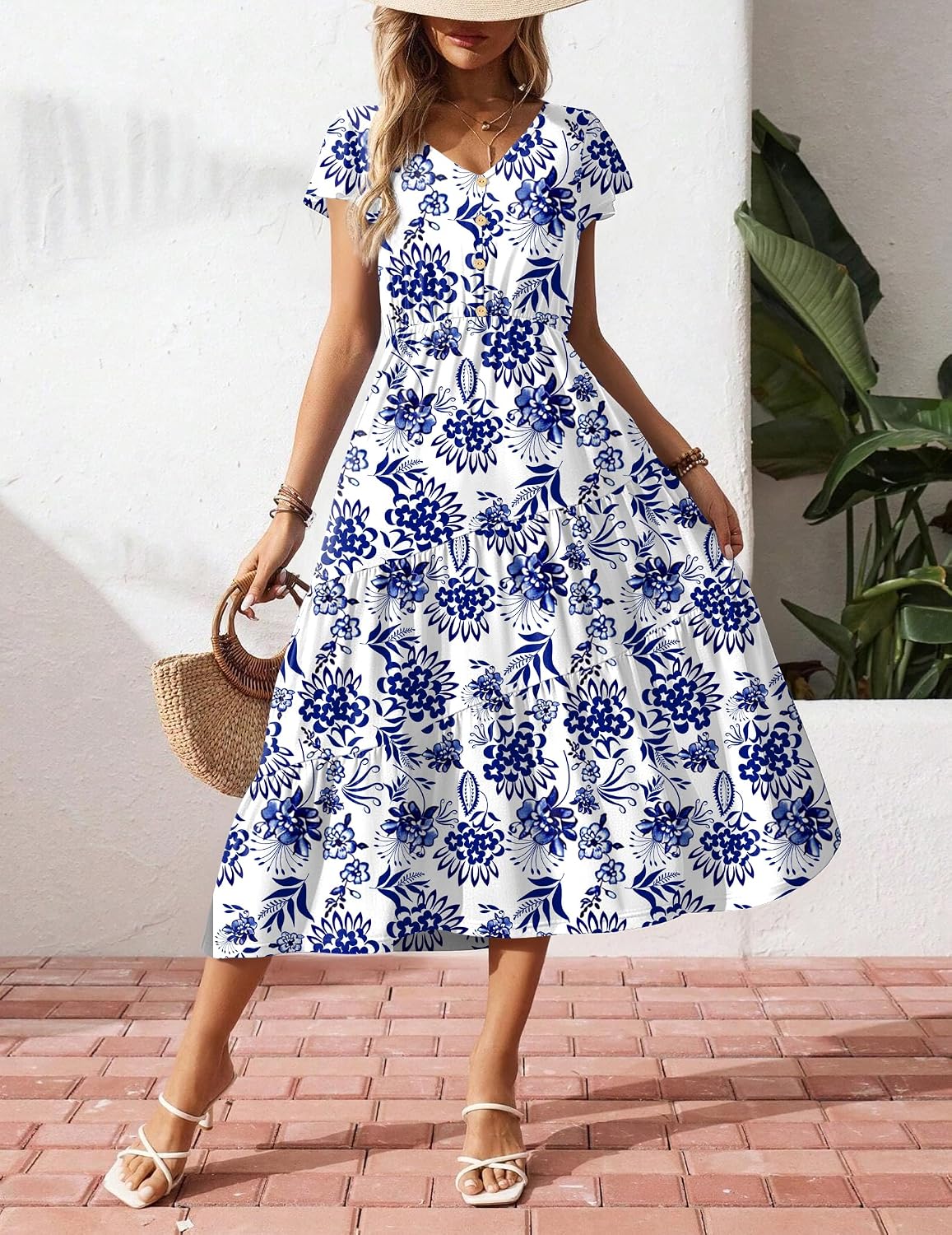 Women's Summer Casual Dress Flutter Short Sleeve V Neck Button Down Tiered Flowy Long Dress with Pockets