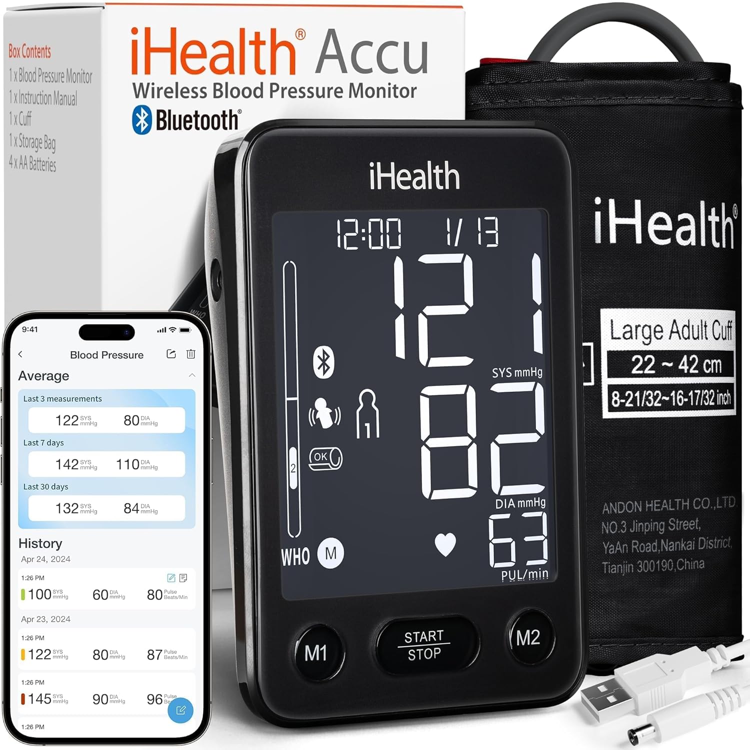 Accu Blood Pressure Monitor – 4.5" Large LCD(Black), Clinically Accurate, Irregular Heartbeat Alert, Body & Cuff