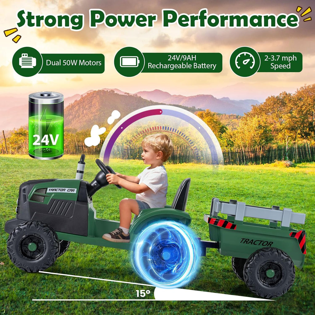 24V Ride on Tractor with Detachable Trailer, Kids' Electric Vehicles with 3 Speeds, 15° Climbing, Wireless Design