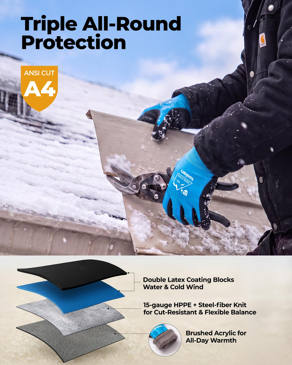 Waterproof Winter Work Gloves, ANSI A4 Cut Resistant, L, 1 Pair