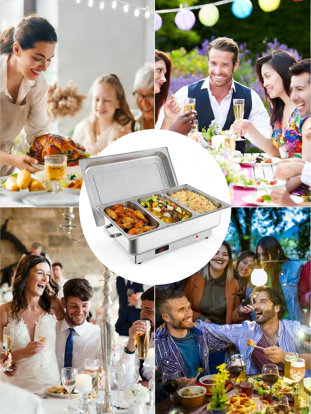 Electric Chafing Dish Buffet Set, 3 x 3 QT Food Warmers | Stainless Steel 600W Digital Display Temperature Control