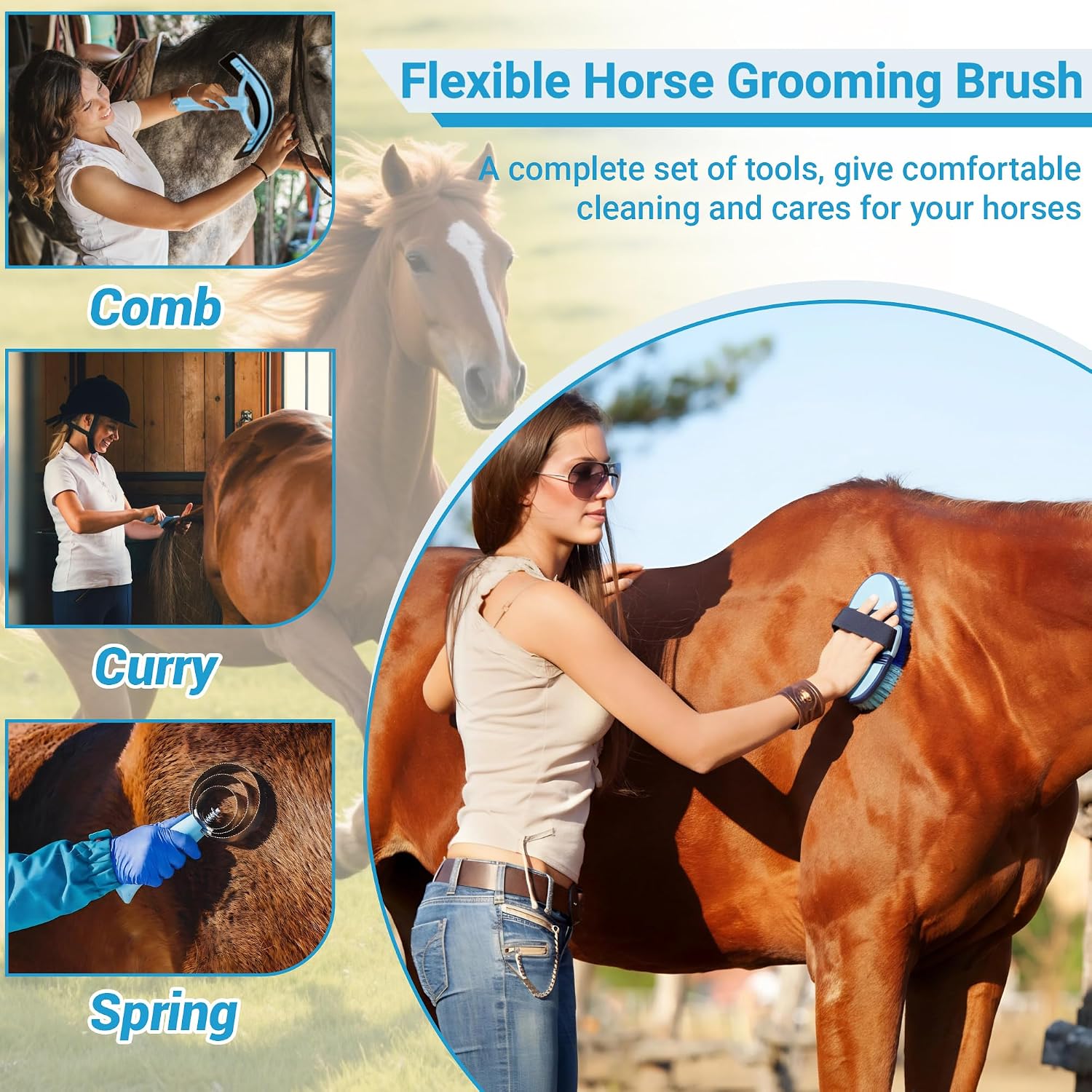 Horse Grooming Kit, 14-in-1 Professional Horse Brush Supplies Set for Grooming & Care, with Horse Brushes, Curry
