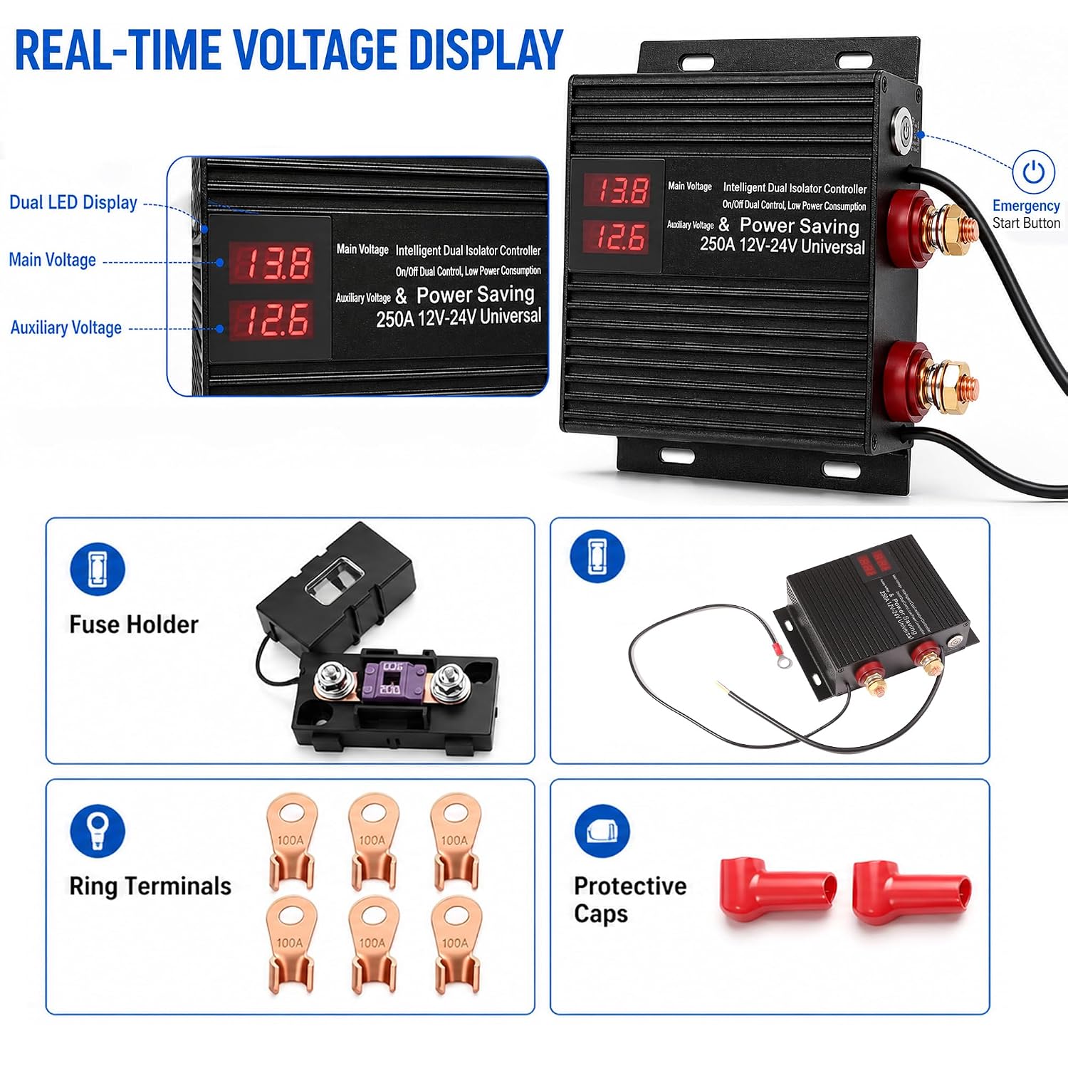 250 AMP Dual Battery Smart Isolator 12V 24V Universal Smart VSR | Voltage Sensitive Relay for Marine RV UTV Car Boat