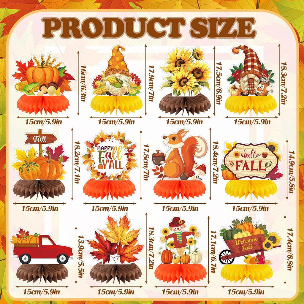 12 Pcs Fall Party Decoration Fall Honeycomb Centerpiece Pumpkin Maple Gnome Truck Sunflower Autumn Table Topper