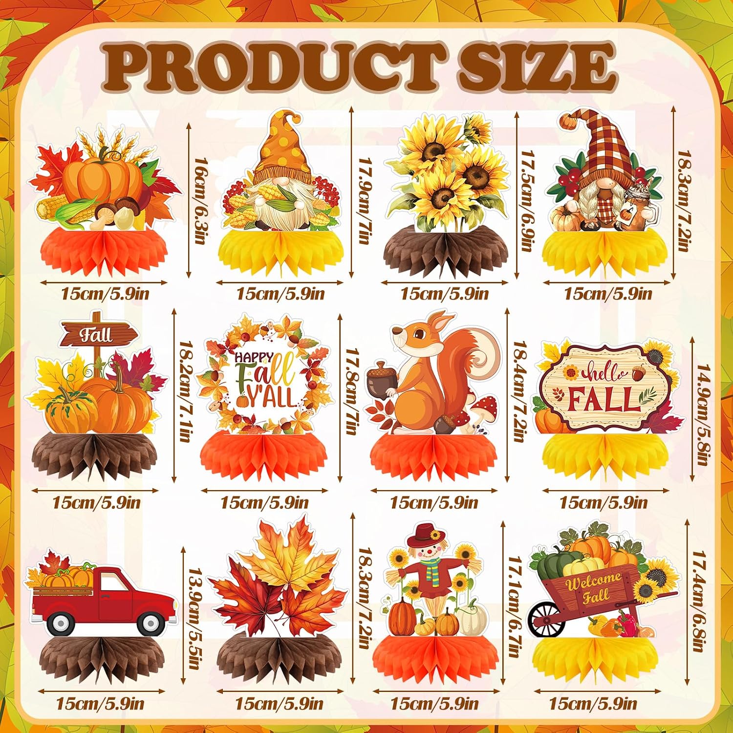 12 Pcs Fall Party Decoration Fall Honeycomb Centerpiece Pumpkin Maple Gnome Truck Sunflower Autumn Table Topper