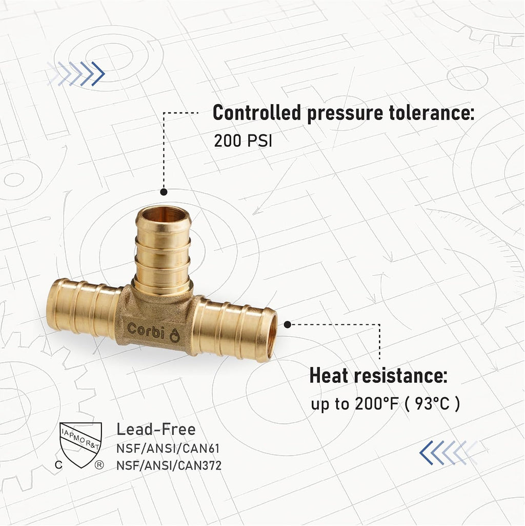 1/2 INCH PEX-B TEE Fittings (12-Pack), Lead-Free Brass, Compatible with Crimp & Clamp Rings for PEX A/B/C Tubing, NSF Certified, Corrosion Resistant Connectors for Water Lines & Radiant Heating