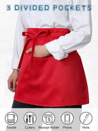 5 Pack Red Waist Aprons for Adults 3 Pockets Half Bistro Apron