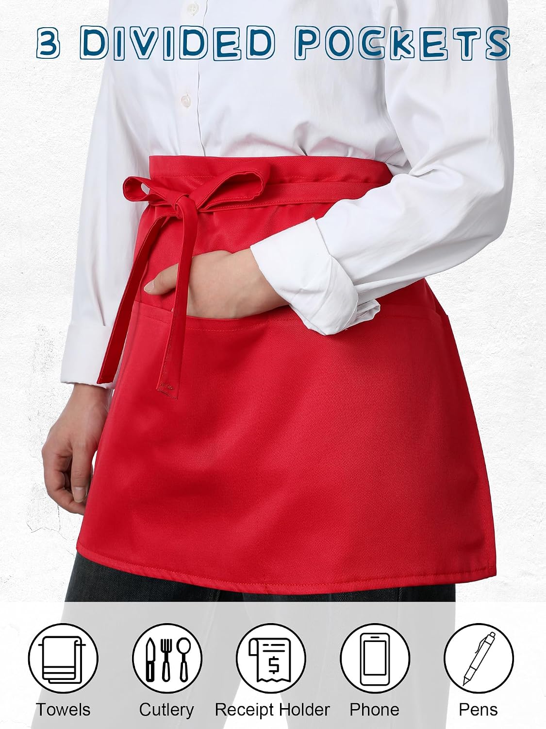 5 Pack Red Waist Aprons for Adults 3 Pockets Half Bistro Apron