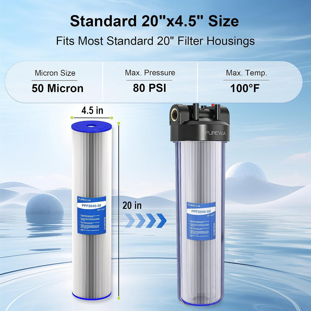 20" x 4.5" Pleated Sediment Water Filter Cartridge 50 Micron 6-Pack