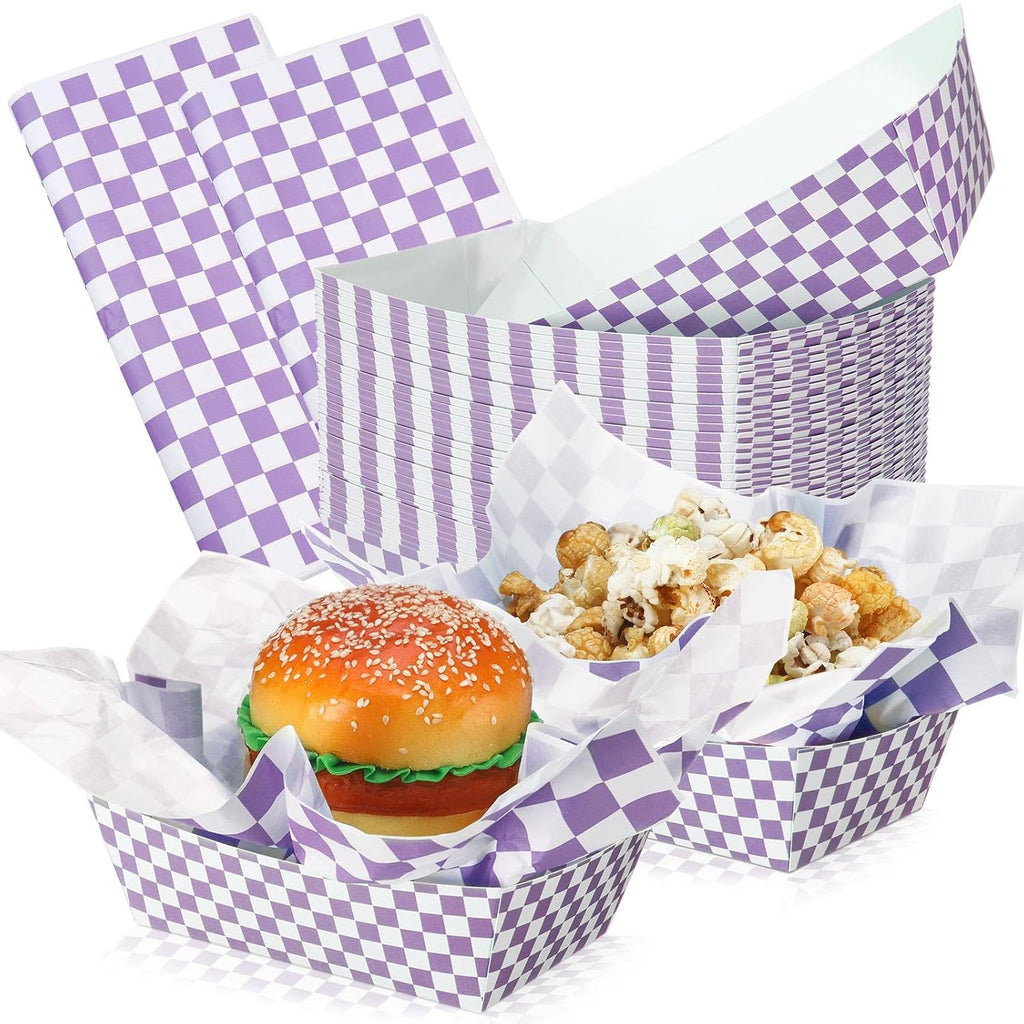 100 Pcs Gingham Paper Food Tray with Wax Paper,Purple White