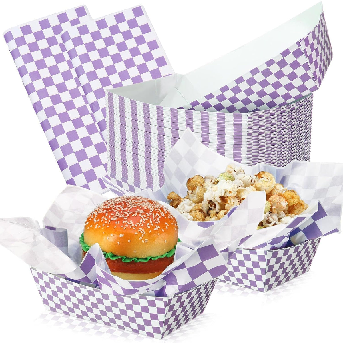 100 Pcs Gingham Paper Food Tray with Wax Paper,Purple White